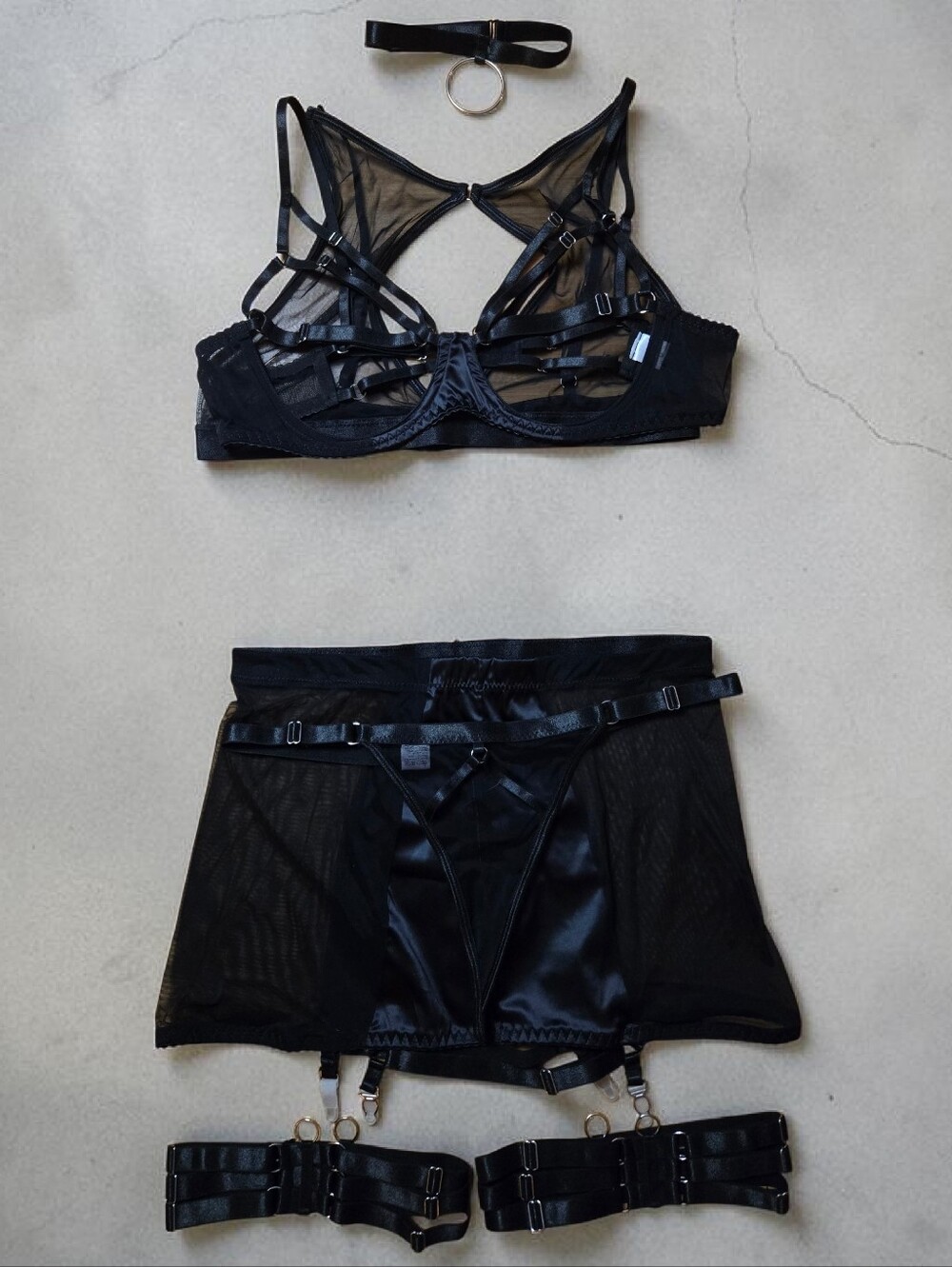 7-Pc Goth Strappy Lingerie Set Mesh & Satin - M